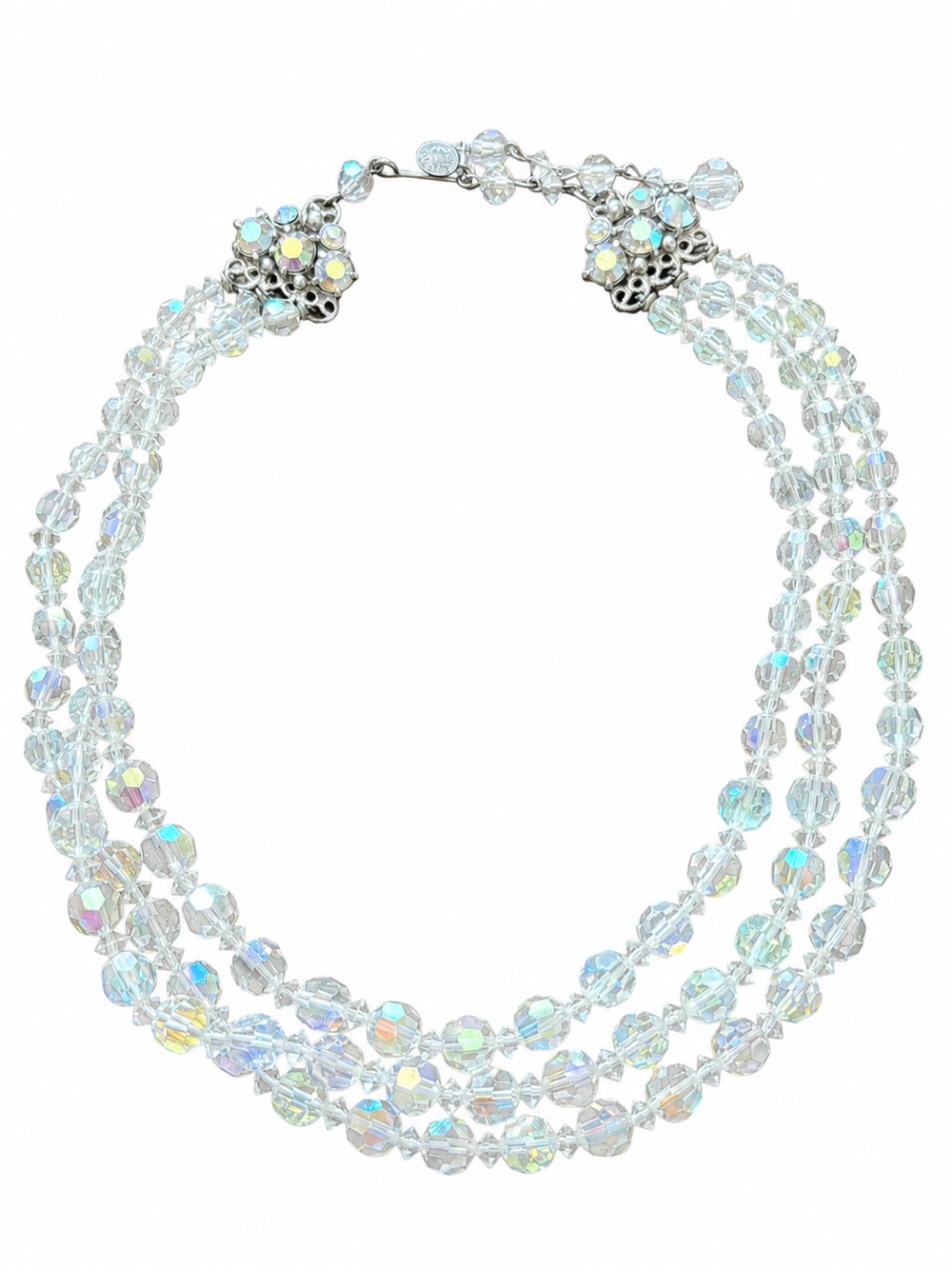 Vintage 50s Continental Aurora Borealis Crystal 3-Strand Silvertone Necklace 17”